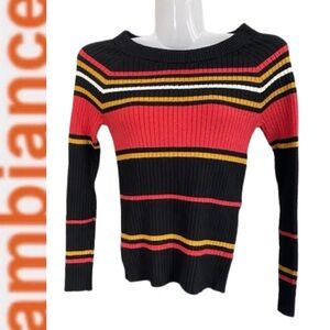 Crew/Boat Neck Striped Ribbed Sweater